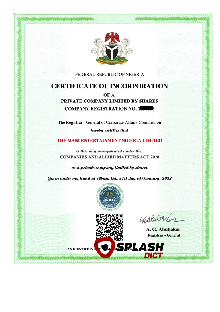 CERTIFICATE - THE MANI ENTERTAINMENT NIGERIA LIMITED