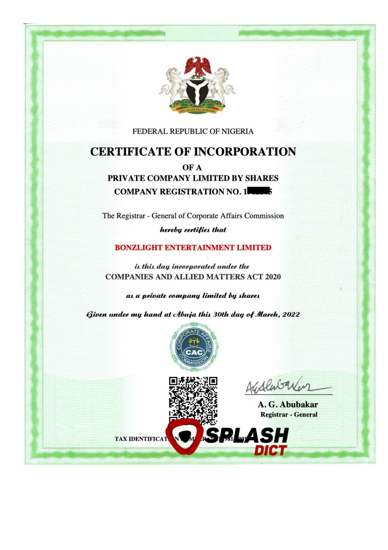 CERTIFICATE - BONZLIGHT ENTERTAINMENT LIMITED